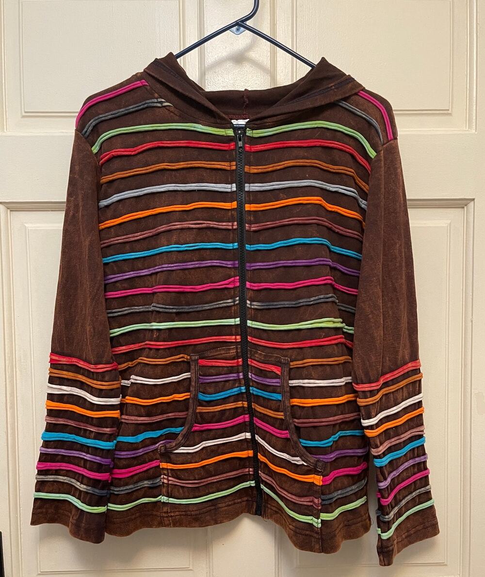 India Boutique Brown Sweater Zippered Striped Size Med Hooded Boho Indie Jacket